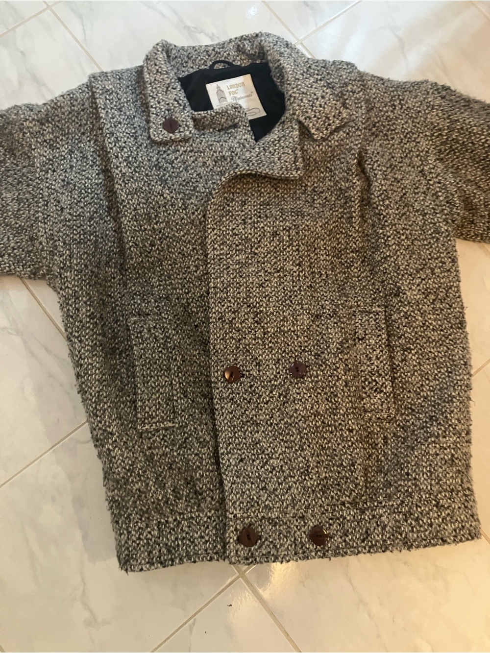 London Fog vintage Gray / white / black wool blend button up lined Pea Coat